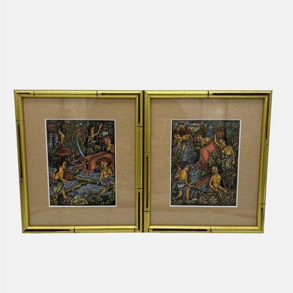 Pair of Bali Framed & Matted Prints River Scene Balinese Women Working 9" x 7.5" - Picture 1 of 6